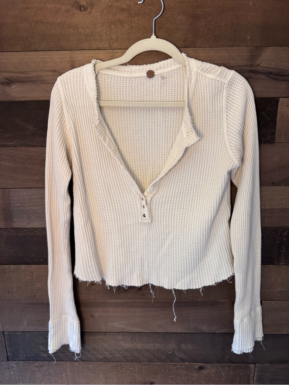 Free People Cream Waffle-Knit Henley Long-Sleeve Top